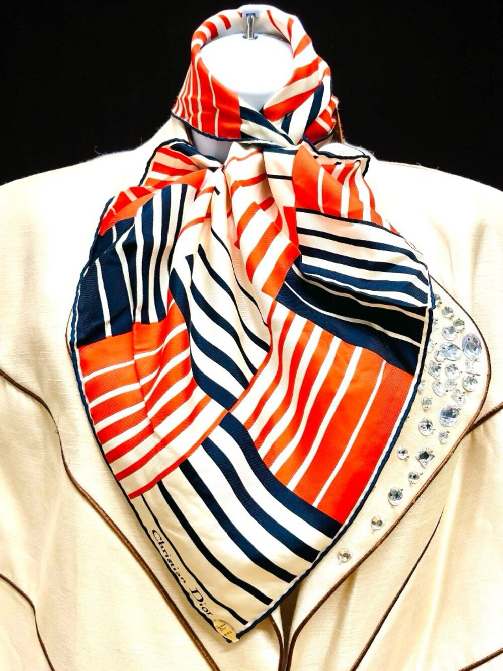 New-Christian Dior silk Satin Neck- keChief 20" white red black red striped  (47